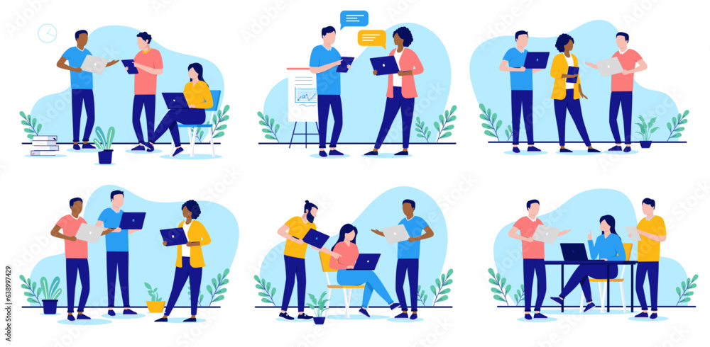 Office work vector collection - Set of illustrations with people working on computers, talking and discussing business. Flat design with white background