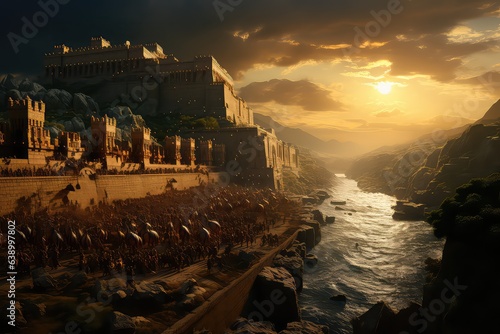 Ancient Egyptian warriors and cavalry fighting the Hittites on the battlefield, Kadesh battle. Generative AI.