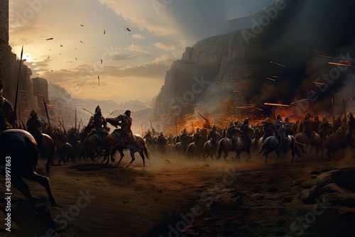 Ancient Egyptian warriors and cavalry fighting the Hittites on the battlefield, Kadesh battle. Generative AI.