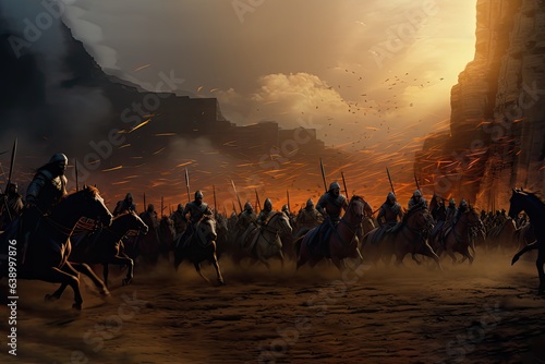 Ancient Egyptian warriors and cavalry fighting the Hittites on the battlefield, Kadesh battle. Generative AI.