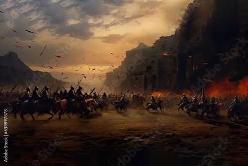 Ancient Egyptian warriors and cavalry fighting the Hittites on the battlefield, Kadesh battle. Generative AI.