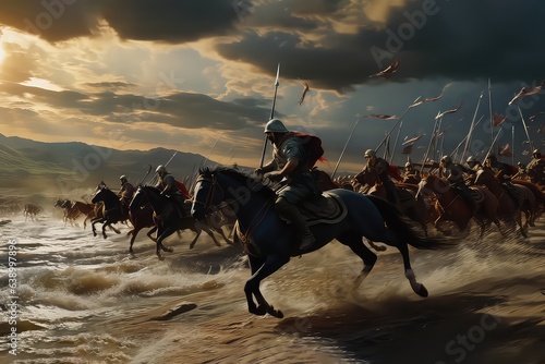 Ancient Egyptian warriors and cavalry fighting the Hittites on the battlefield, Kadesh battle. Generative AI.