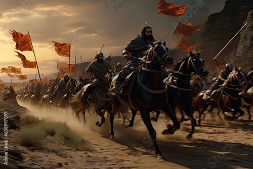Ancient Egyptian warriors and cavalry fighting the Hittites on the battlefield, Kadesh battle. Generative AI.