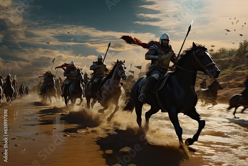 Ancient Egyptian warriors and cavalry fighting the Hittites on the battlefield, Kadesh battle. Generative AI.