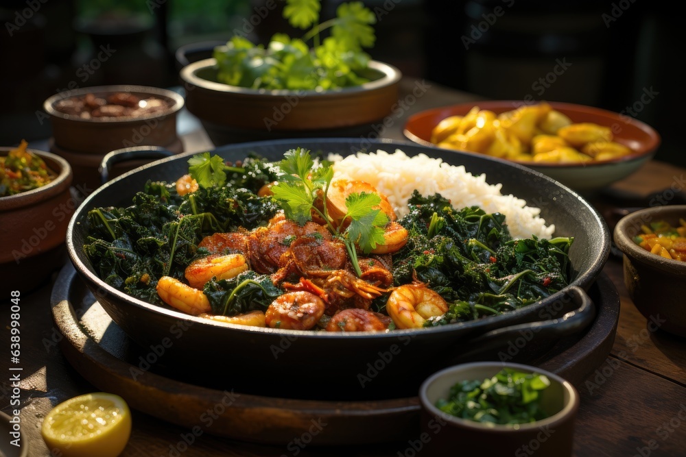 Brazilian Banquet: Feijoada, Acarajés, Bobó and Cocada on a rustic table, surrounded by foliage., generative IA