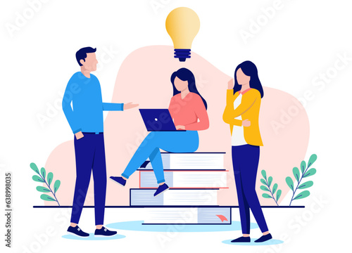 Research idea work - Team of three people researching and comping up with ideas together with big light bulb. Flat design vector illustration with white background