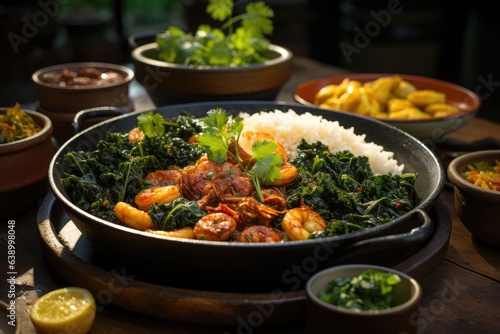 Brazilian Banquet: Feijoada, Acarajés, Bobó and Cocada on a rustic table, surrounded by foliage., generative IA