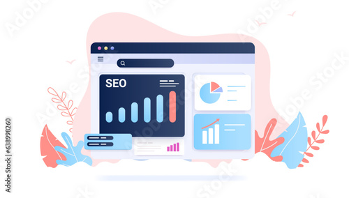 SEO analysis - Vector illustration of web browser with search engine optimisation rising diagram and charts. Decorative semi flat design with white background