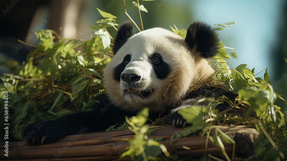 Fototapeta premium Chubby Black and White Panda at the Sichuan Panda Sitting on a Dense Bamboo Forest in The Background AI Generative