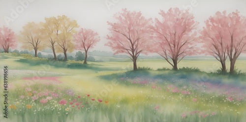Watercolor style. Spring meadow landscape. AI generated illustration