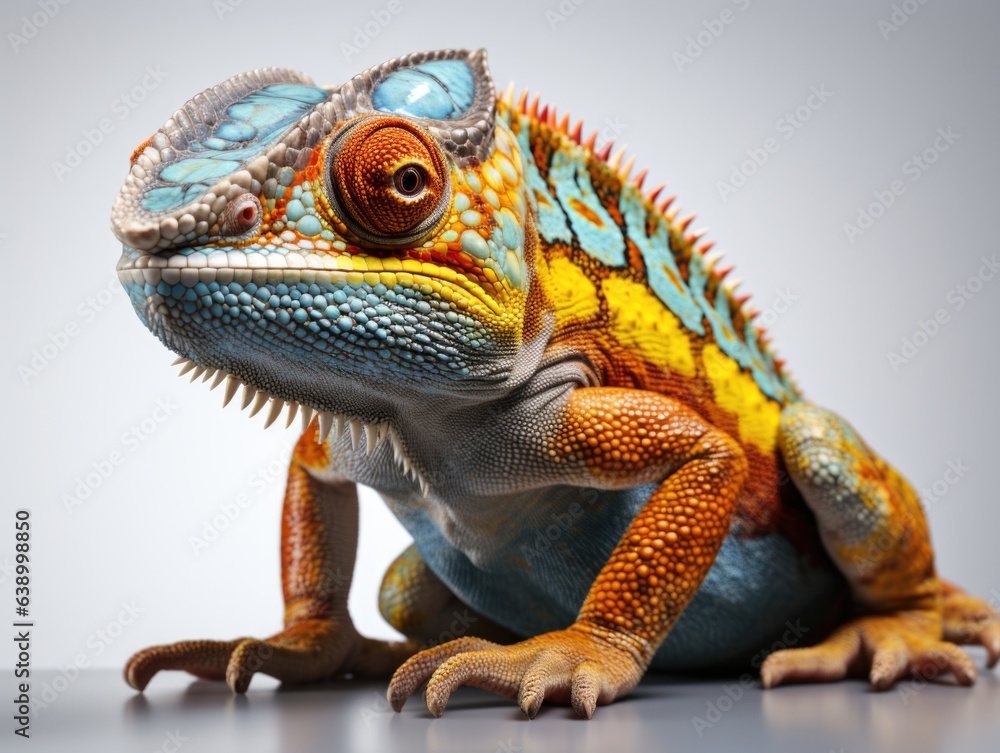 Fototapeta premium Colorful chameleon on a branch isolated on gray background, side view, Studio shot.