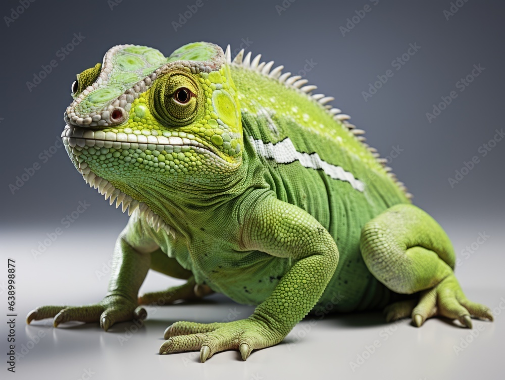 Fototapeta premium Green chameleon on a gray background. Studio shot. Isolated. side view, Studio shot.