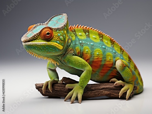 Colorful chameleon on a branch isolated on gray background, side view, Studio shot.