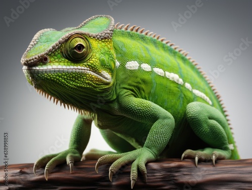 Green chameleon on a gray background. Studio shot. Isolated. side view  Studio shot.