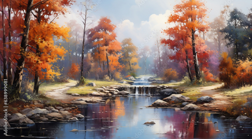 Colorful Autumn Forest, Vibrant Oil Painting Landscape