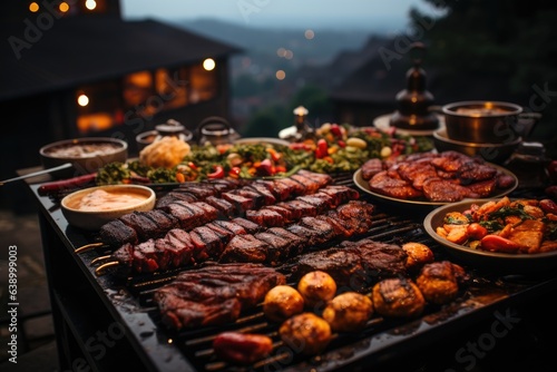 Outdoor barbecue with juicy food and lively atmosphere., generative IA