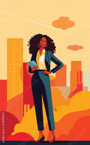 Minimalist vector illustration of a confident black woman in a business suit. Perfect for corporate and professional themes