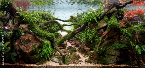 Beautiful freshwater aquarium. Aquascape with tropical underwater plants, Frodo stones and redmoor roots covered by java moss and a school of tetra fish. Isolated view. 
