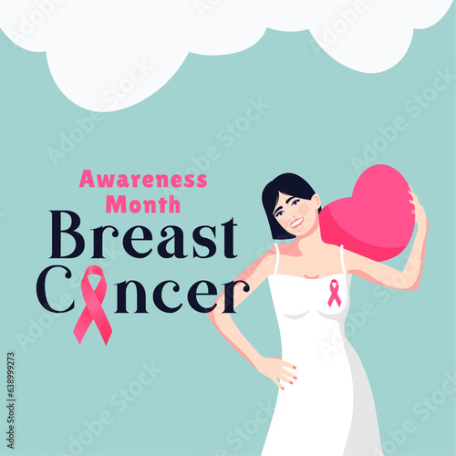 Breast cancer awareness month banner , happy woman with pink ribbon, vector illustration