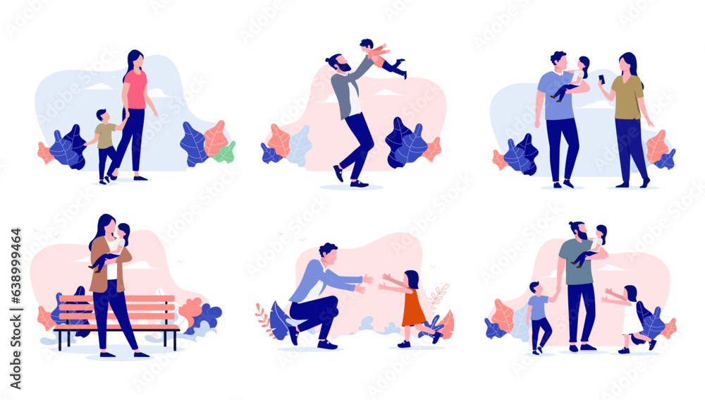 Happy family activities vector collection - Set of illustrations with parents, mother and father playing with child outdoors and spending time together. Flat design with white background