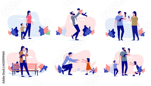 Happy family activities vector collection - Set of illustrations with parents, mother and father playing with child outdoors and spending time together. Flat design with white background