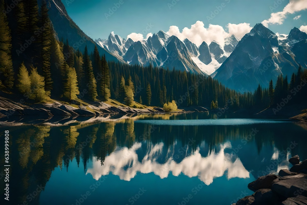 Create a serene pond reflecting a majestic, snow-capped mountain peak