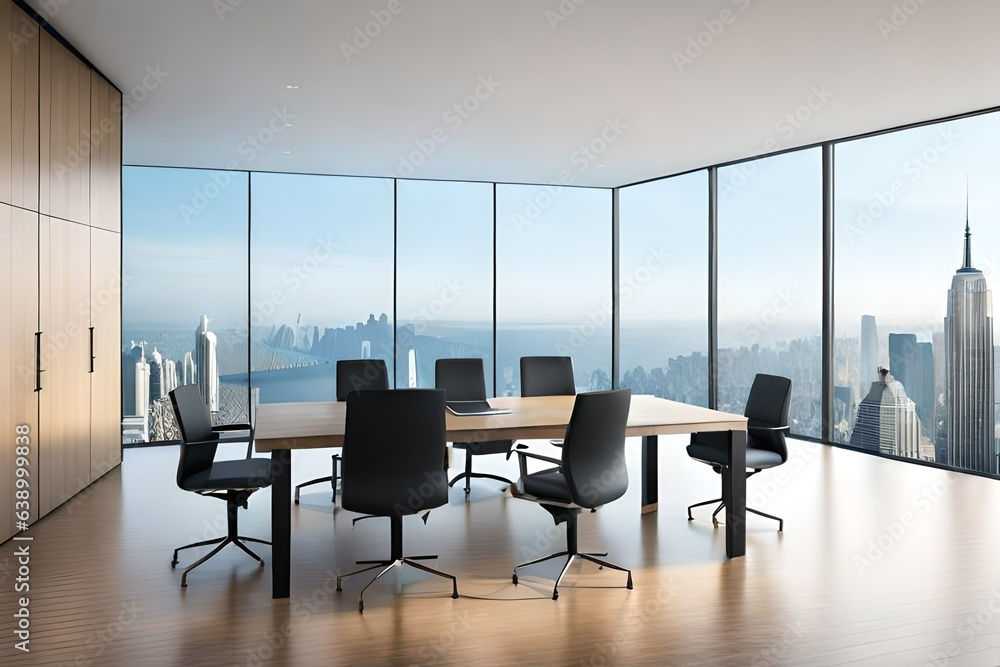 Modern office interior. Conference table. City view, panoramic window