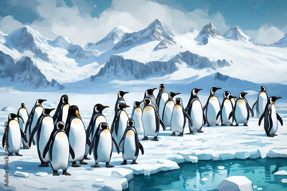 Obraz premium Create a group of penguins gathered on an icy shoreline, framed by snowy peaks