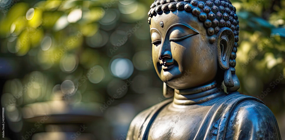 Meditating Buddha Statue on a green zen nature bokeh background close up. Generative AI