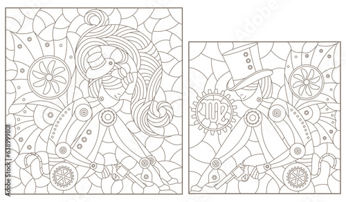Set of contour illustrations in the style of stained glass with steam punk signs of the zodiac Virgo, dark contours on a white background