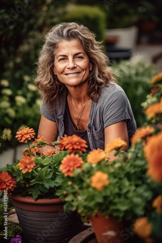 Middle-Aged Woman Enjoying Gardening - Generative AI
