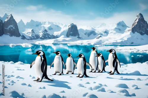 Create a group of penguins gathered on an icy shoreline, framed by snowy peaks © Fahad