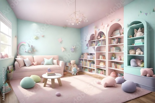  a whimsical 3D playroom filled with soft pastel shades.