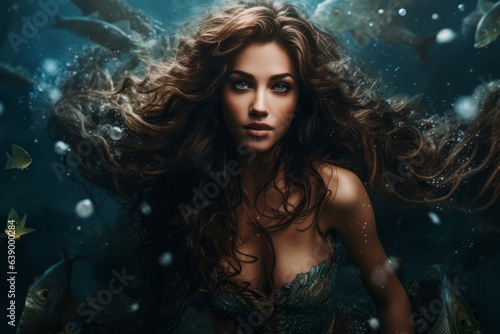 Portrait of beautiful woman mermaid with floating long brown hair swimming underwater. Fairy tale concept