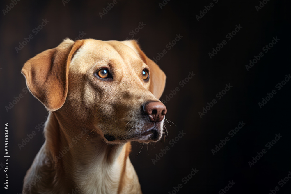 Clever golden colour short hair dog on black background. Pet animal studio shot concept