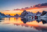 A picturesque view of the Lofoten Islands in Norway during a vibrant sunset