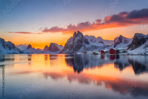A picturesque view of the Lofoten Islands in Norway during a vibrant sunset