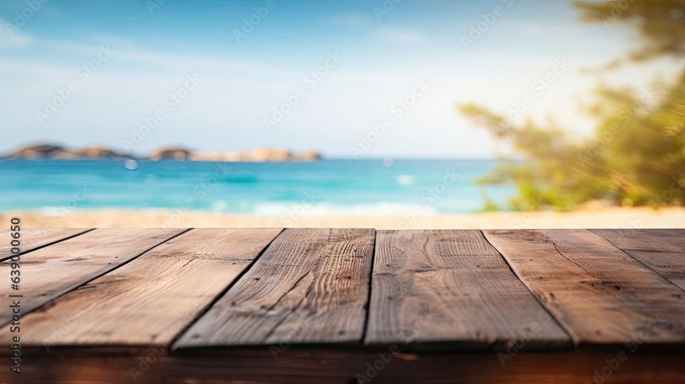 empty wooden table rustical style for product presentation with a blurred beach in the background