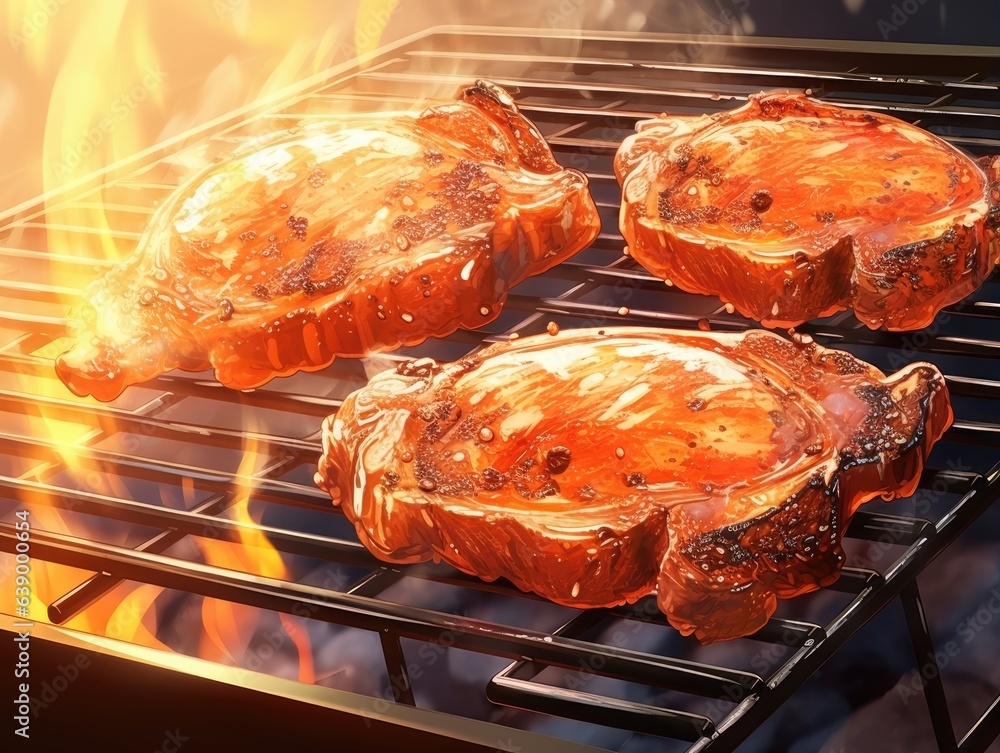 Pork Neck Steaks on a grill, close-up shot