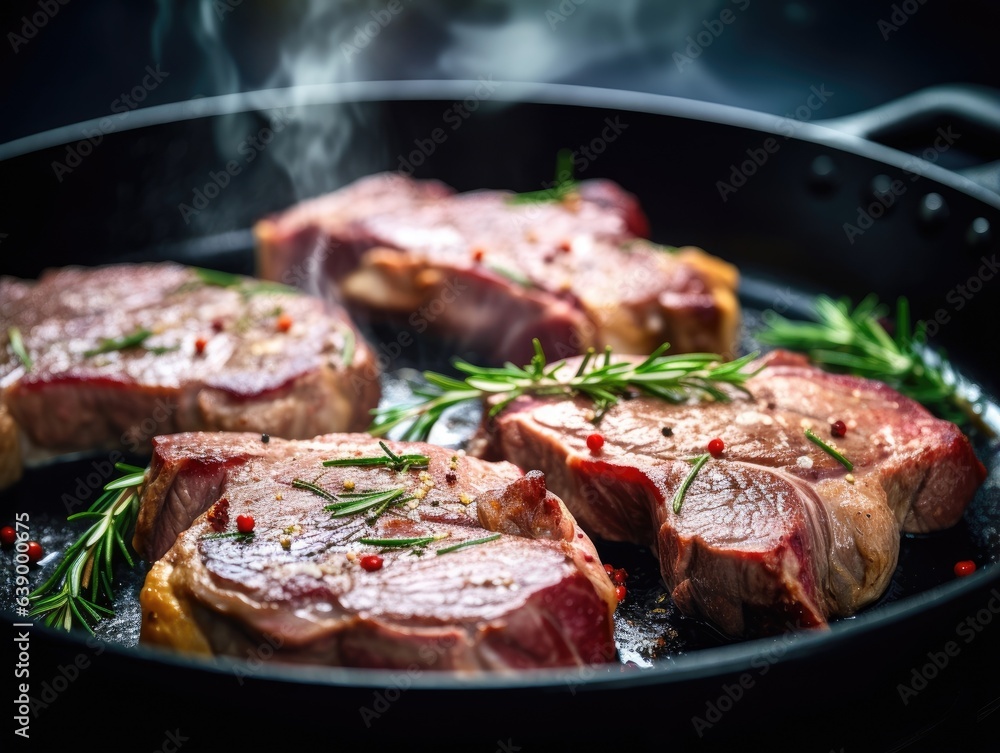 Raw Pork Neck Steaks in a frying pan, close-up shot Raw Pork Neck Steaks in a frying pan, close-up shot