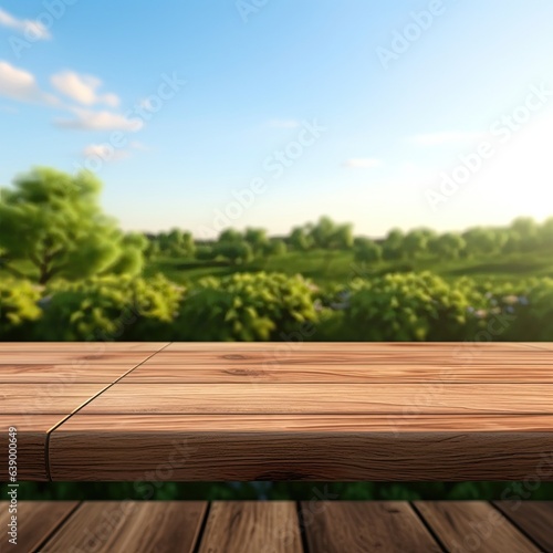 empty wooden table in modern style for product presentation with a blurred empty field in the background