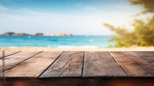 empty wooden table rustical style for product presentation with a blurred beach in the background
