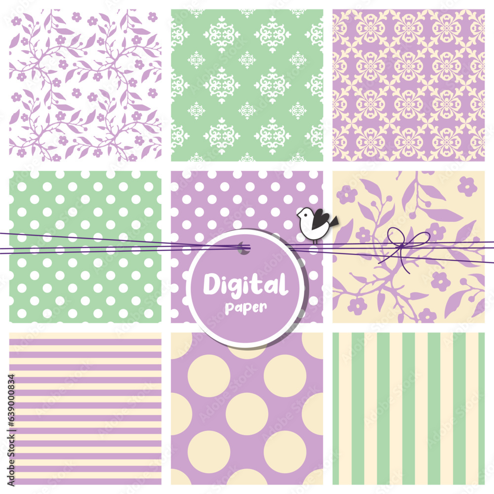 Digital papers, Set of seamless patterns, flowers, dots, stripes, square swatches Digital papers, Set of seamless patterns, flowers, dots, stripes, square swatches