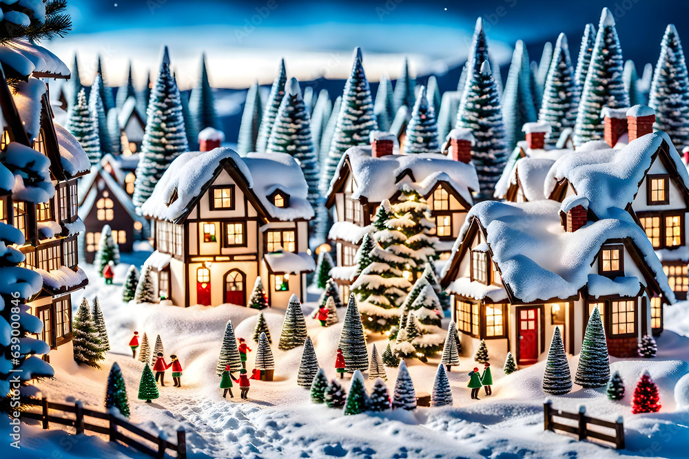 Capture the magic of a winter wonderland with a snowy village scene AI generation