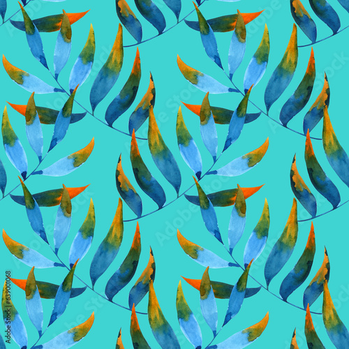 Seamless pattern of blue orange tropical leaves. Watercolor hand drawn illustration. On a blue green background. For fabric, sketchbook, wallpaper, wrapping paper.