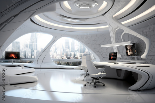 Generative ai. Futuristic office interior. High quality photo