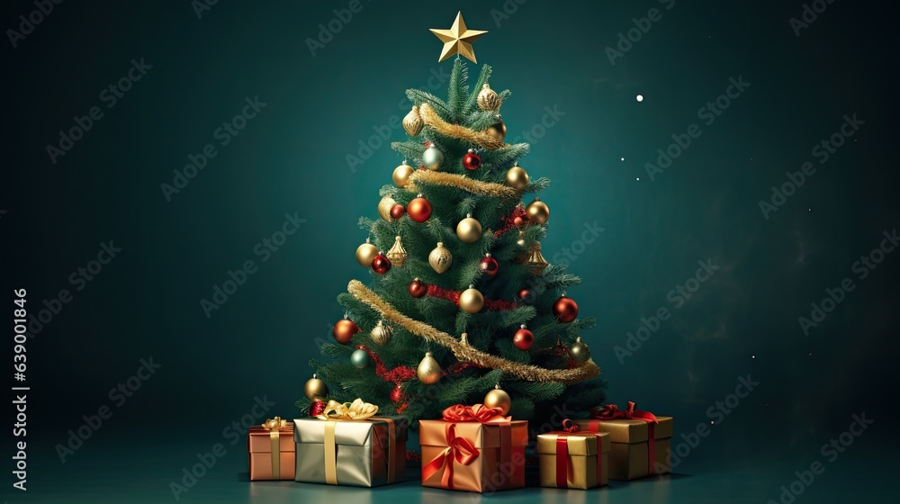 New Year's tree decorated with New Year's balls and garlands in the interiors with gifts New Year's tree decorated with New Year's balls and garlands in the interiors with gifts