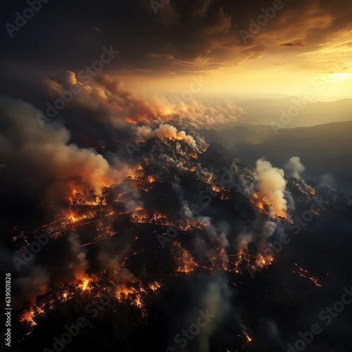 Drone  fire and smoke with forest in nature for deforestation  climate change and ecology. Ai generated  plants and timber with landscape of woods flame for earth  disaster and wildfire pollution