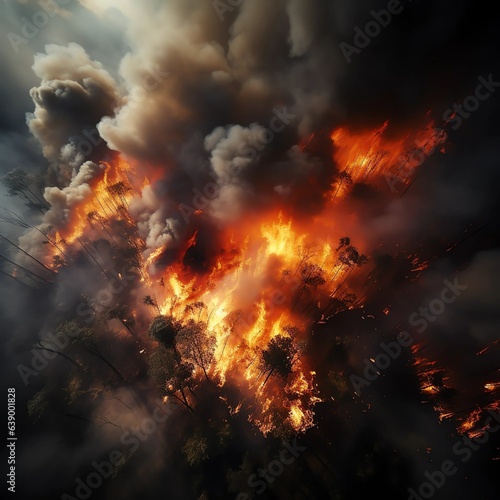 fire in the forest  Drone  fire and smoke with forest in nature for deforestation  climate change and ecology. Ai generated  plants and timber with landscape of woods flame for earth  disaster and wil