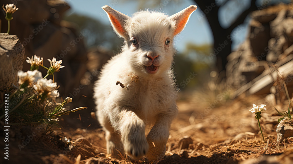 Cute Little Goat Playing in The Field AI Generative